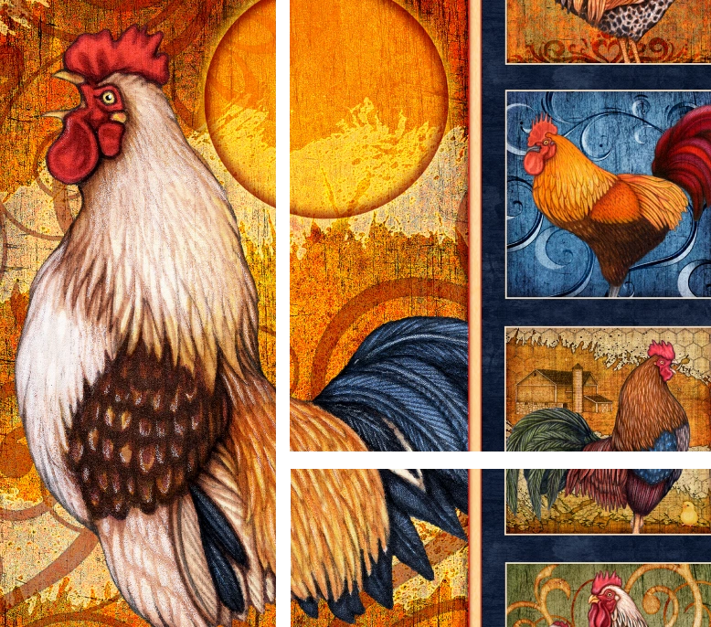 A painting of roosters and chickens on the side of a wall.