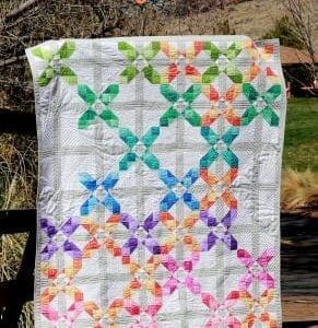 A quilt with colorful flowers on it.