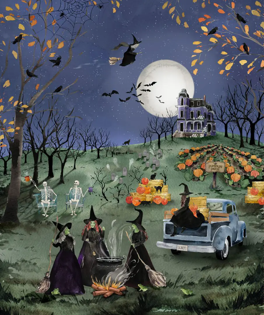 A painting of witches and wizards in the field