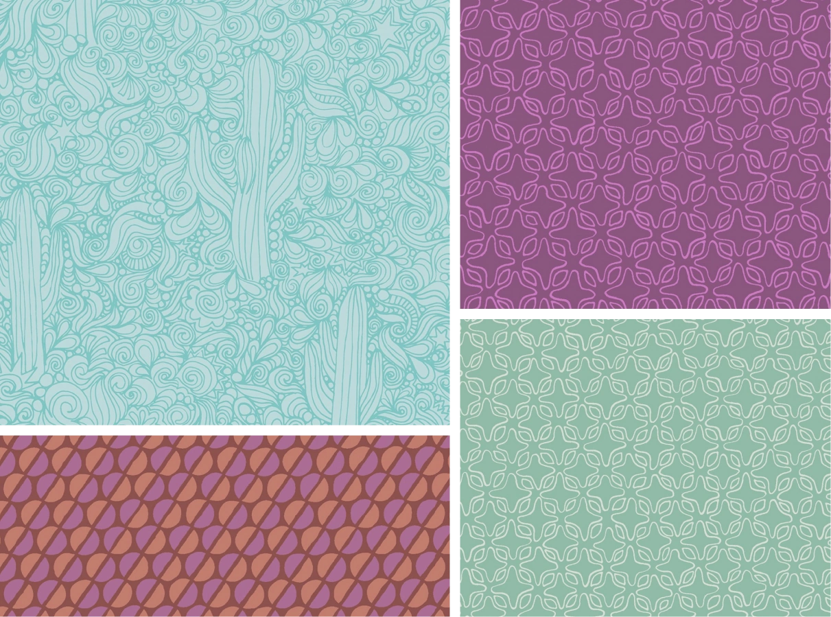 A series of four different patterns in purple and green.