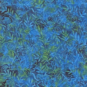 Blue and green abstract floral pattern with swirling lines.
