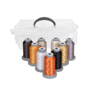 A clear plastic organizer box with multiple spools of colored thread.
