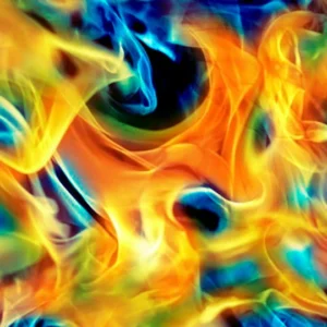 Vibrant abstract flames blending blue, yellow, and orange colors.