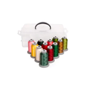 Sewing thread spools in front of a white carrying case.
