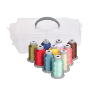 A set of colorful sewing threads with a white carrying case.