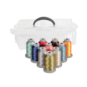 A set of colorful sewing threads with a clear storage box.