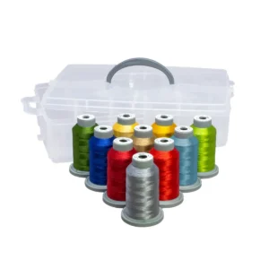 Set of colorful sewing threads with a transparent carrying case.