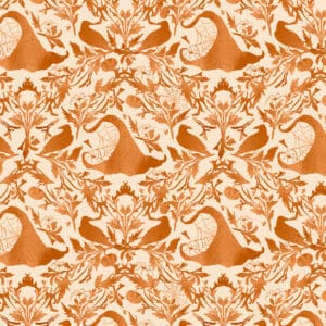 Intricate orange and white floral damask pattern with symmetrical design.