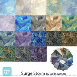 A colorful quilt pattern named 'Surge Storm' by Odia Maxam with varied hues and textures.