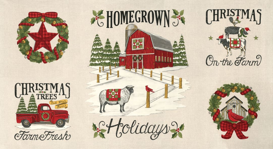 Farm-themed Christmas holiday illustrations and text.
