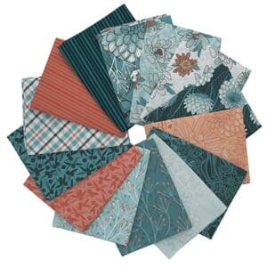 Assorted patterned fabric squares in circular arrangement.