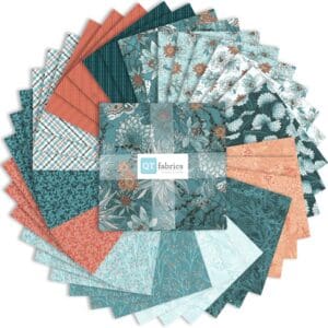 Floral and patterned fabric squares in circle.