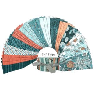 Fabric strips in assorted teal and orange.