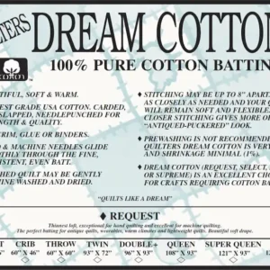 Quilters Dream Cotton batting information chart.