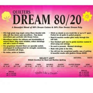 Quilters Dream 80/20 batting product information.