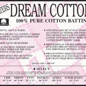 Quilters Dream Cotton 100% pure batting label