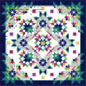 Colorful geometric star quilt with navy border